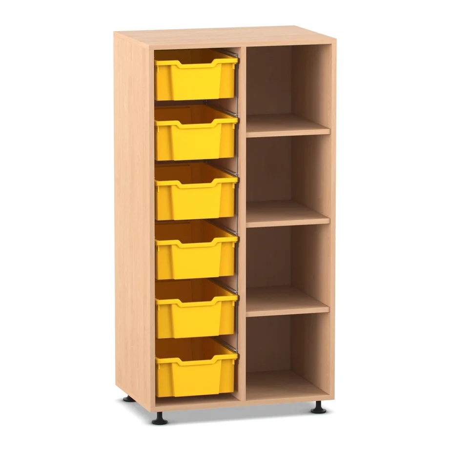 Mittelhohes Regal, 143,9 x 73,1 x 48, mit 6 Boxen links und 3 Böden, Buche hell