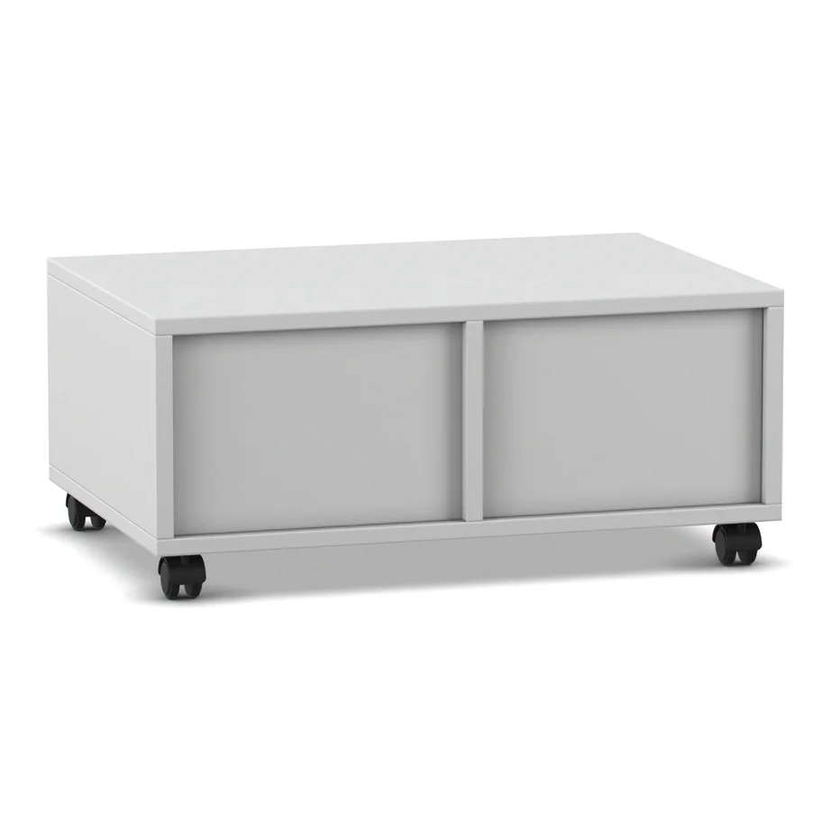 low cabinet, storage unit, cabinet on wheels, sliding doors, white color