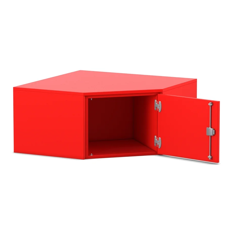rotes Regal, Stauraum-Schrank, Tür, Metall-Scharnier, innerer Stauraum