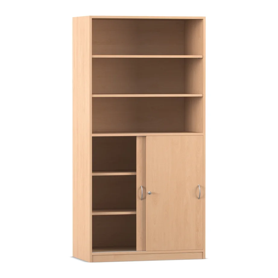 Schiebetüren-Schrank, 190 x 94,4 cm, unten Halbtüren und oben Regal, Buche hell