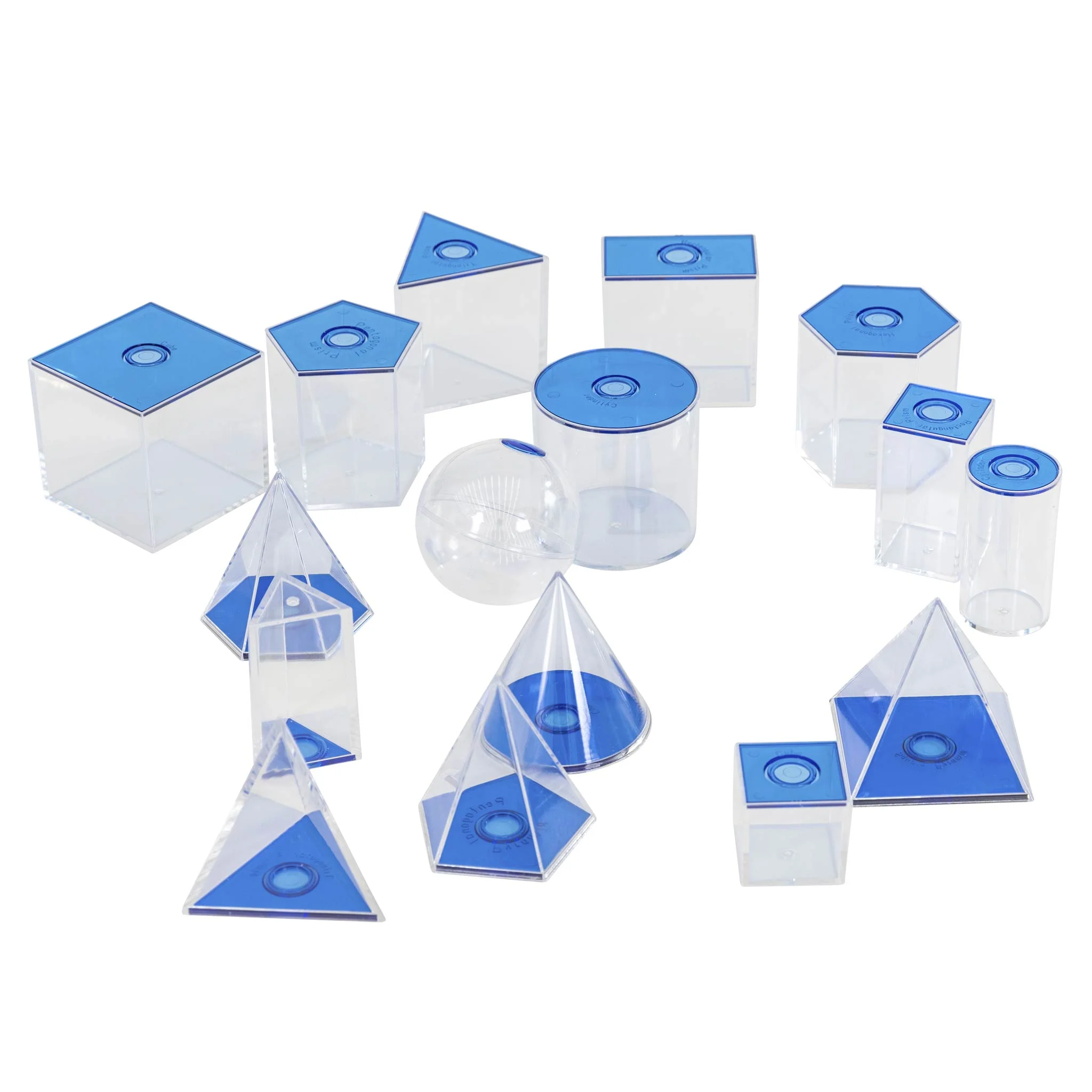 geometrische Formen, Kunststoffwürfel, Trichter/Pyramide, transparent, blau