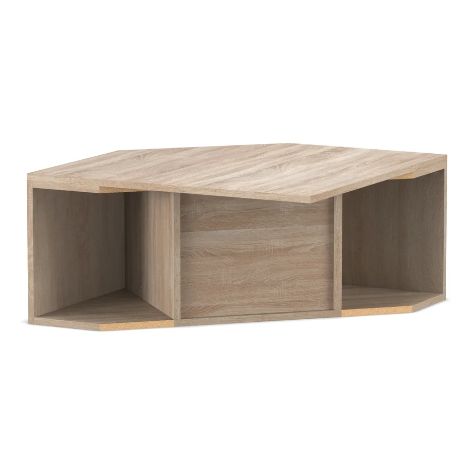 low table, coffee table, oak finish, open shelf, rectangular