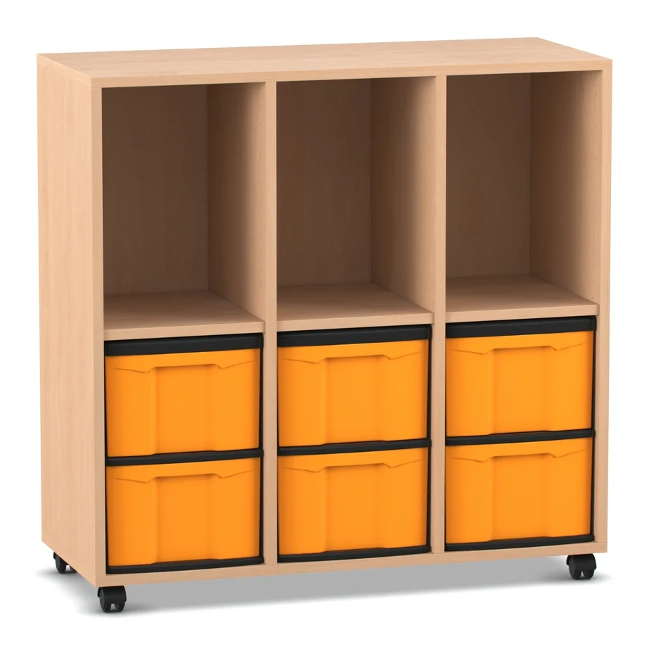 Klassenzimmerregal, 98 x 40,8 x 96,6, mit 3 Fächern und 6 Boxen, Buche hell