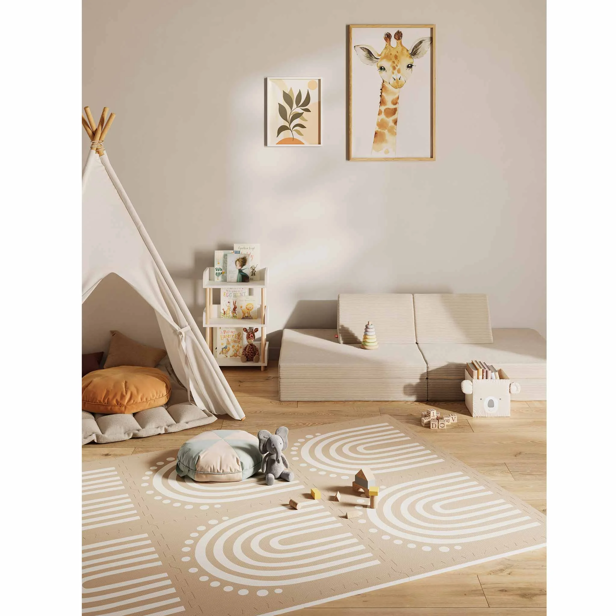 Kinderspielzimmer, Spielteppich, Kissen, Teepe-Tipi, Holzspielzeug