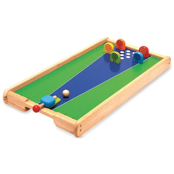 Holzspielzeug, Mini-Bowling, Kugelbahn, Grünes Spielfeld, Spielgleiter