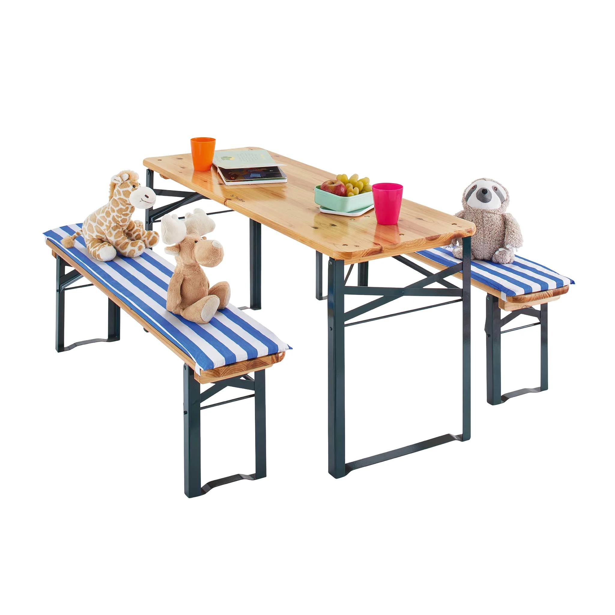 Kinderbank, Tischset, Stuhlbank, Holztisch, Stofftiere