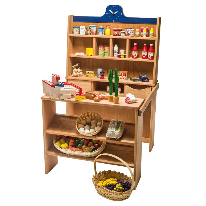 Holzregal, Kaufladen, Lebensmittelspielzeug, Eierkorb, Gemüsekorb