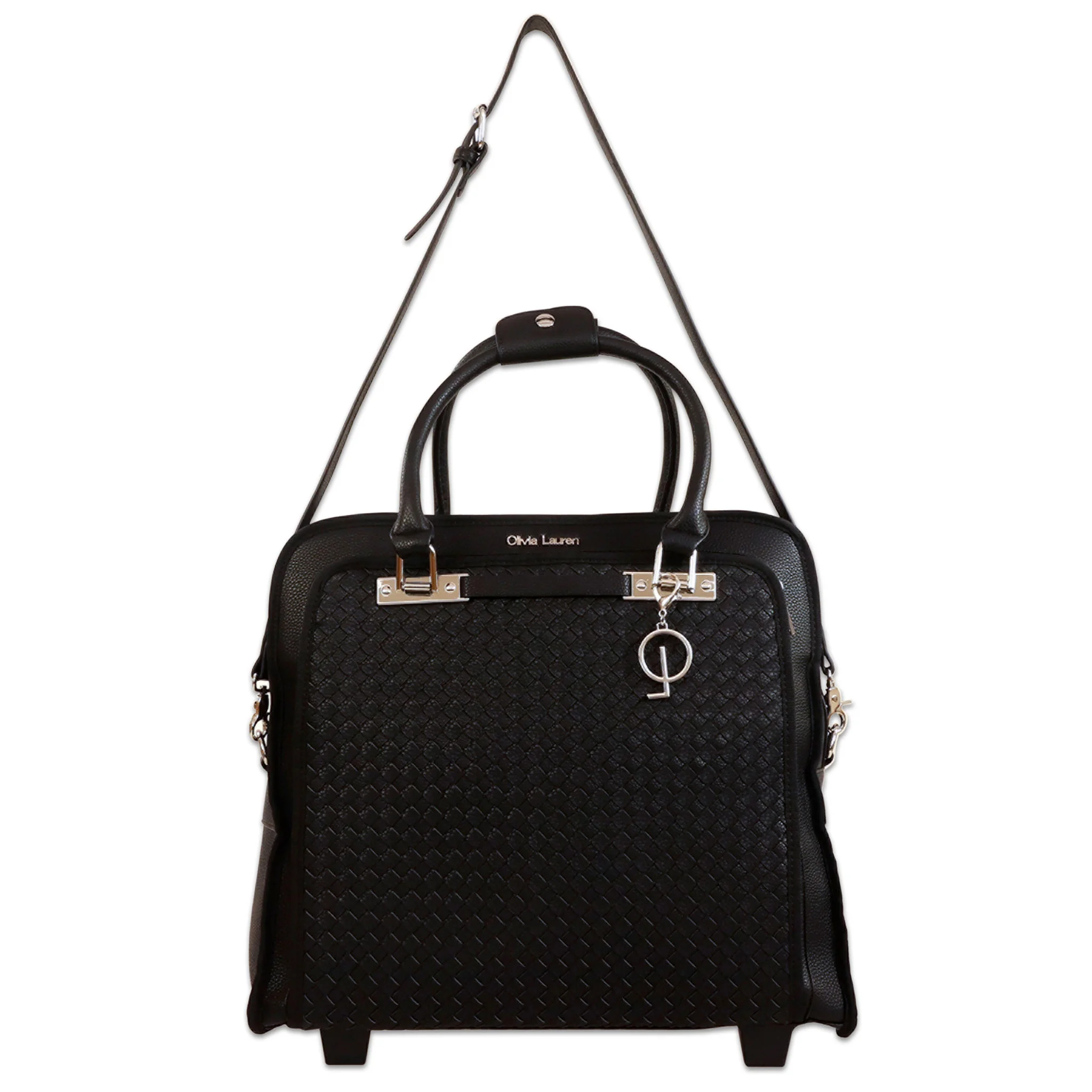 handtasche, schwarz, gewebtes muster, top-handle, schulterriemen