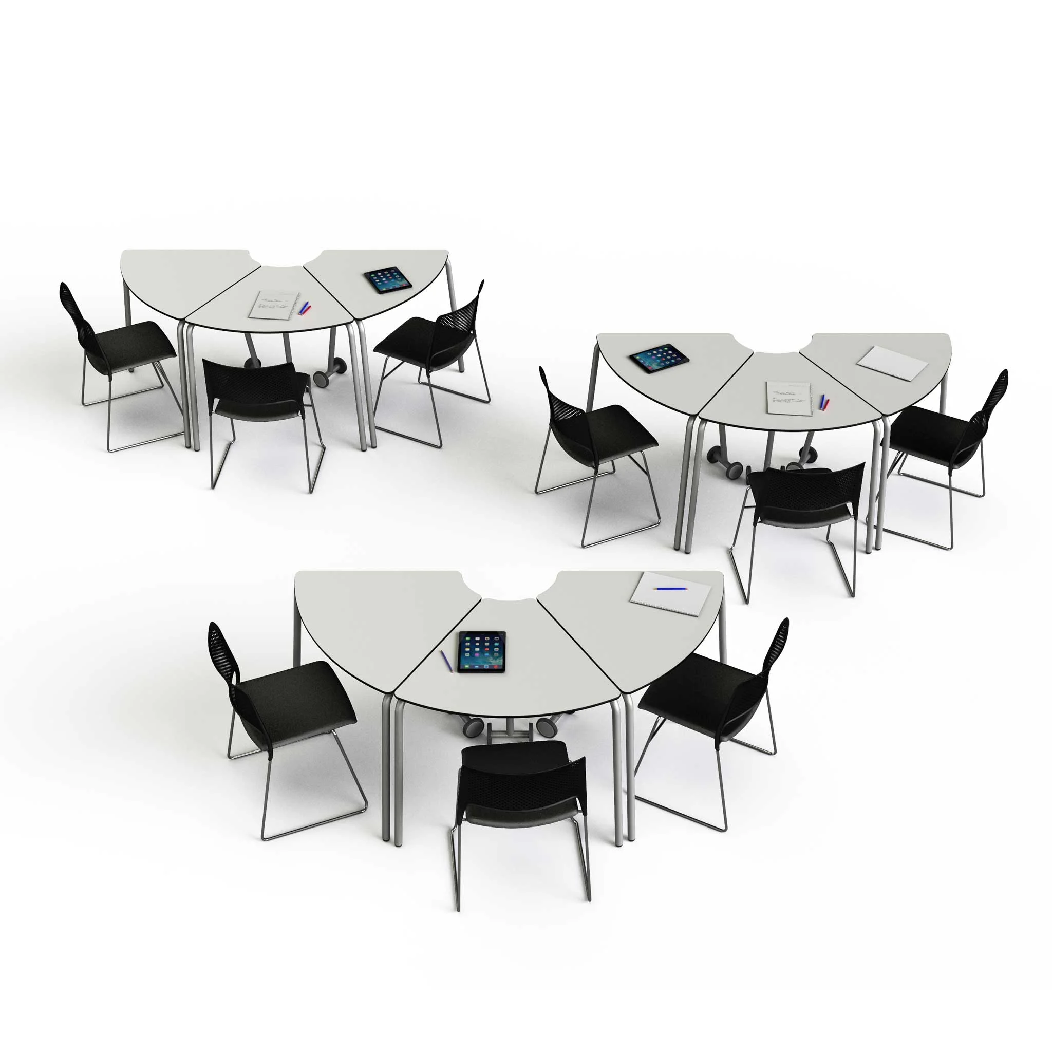 modularer Tisch, faltbarer Schreibtisch, Klassenzimmer-Set, Tablet auf Tisch, schwarzer Stuhl