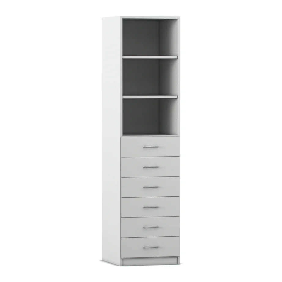 lagerhochschrank, Schränkchen, Schubladenstauraum, offene Regale, weiße Oberfläche