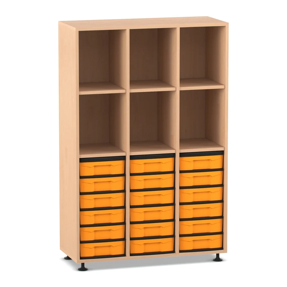 Halbhohes Regal, 151,8 x 98,6 x 40,8, mit 6 Fächern und 18 Boxen, Buche hell