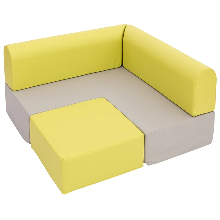 modulares sofa, eckbank, gelbe kissen, schaumblöcke, abnehmbare bezüge