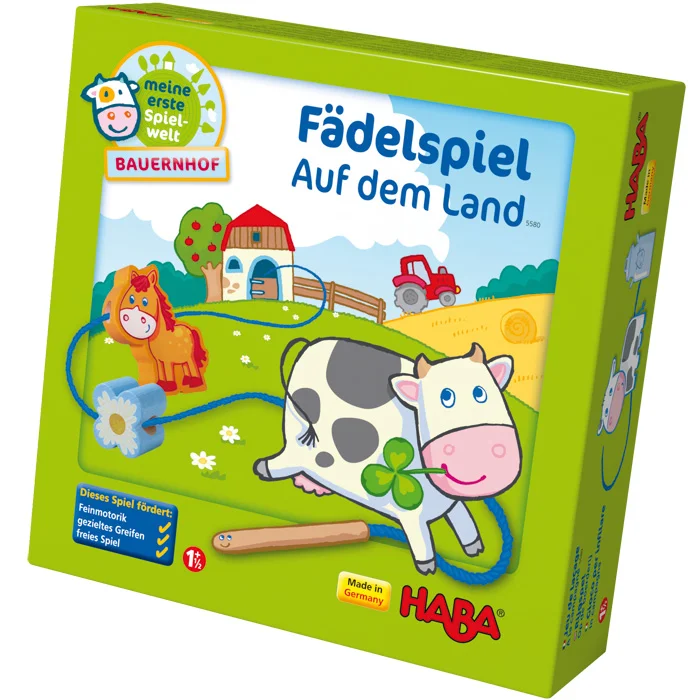 kinder-brettspiel, faden-spiel, landwirtschaft, kuh-motiv, holz-werkzeug