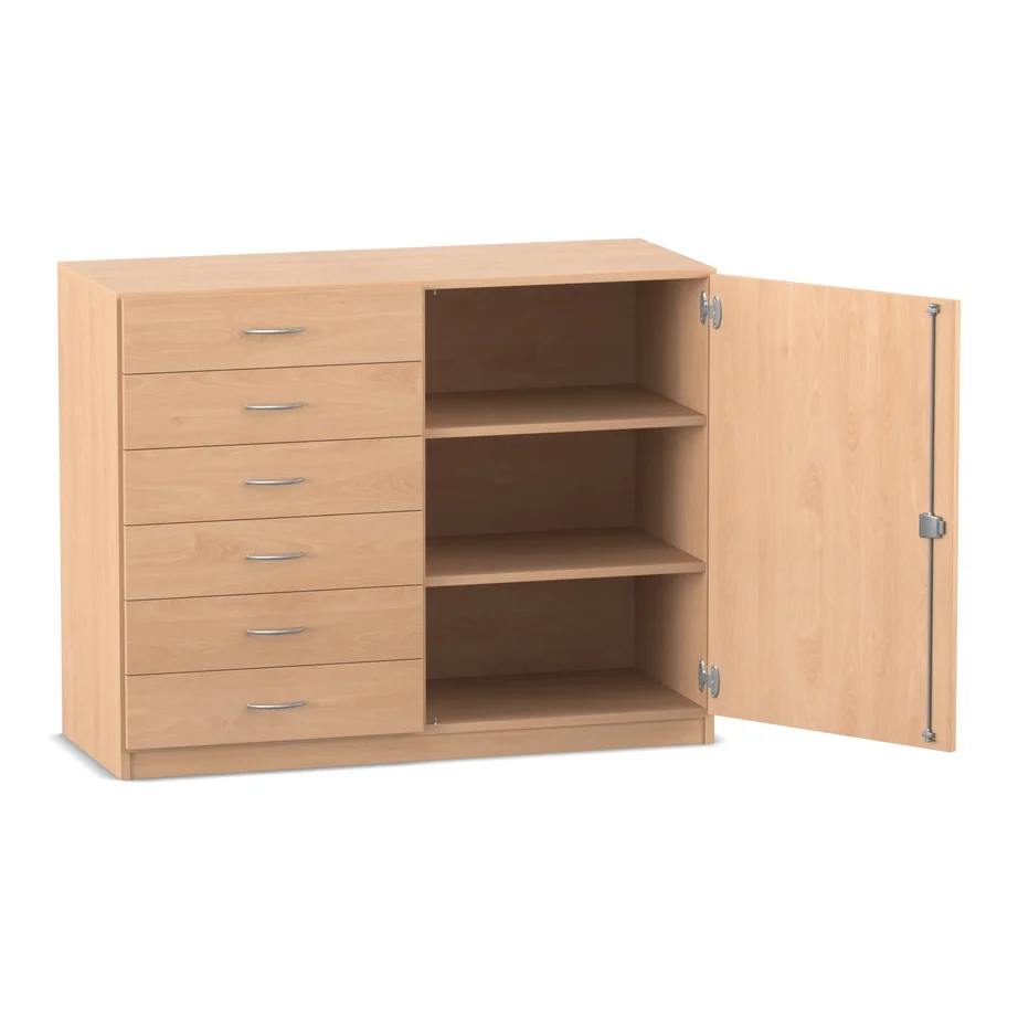 Unterschrank-Kombination mit Sockel, 6 flache Schubladen, 2 Böden -- Breite: 126,4 cm, Buche hell