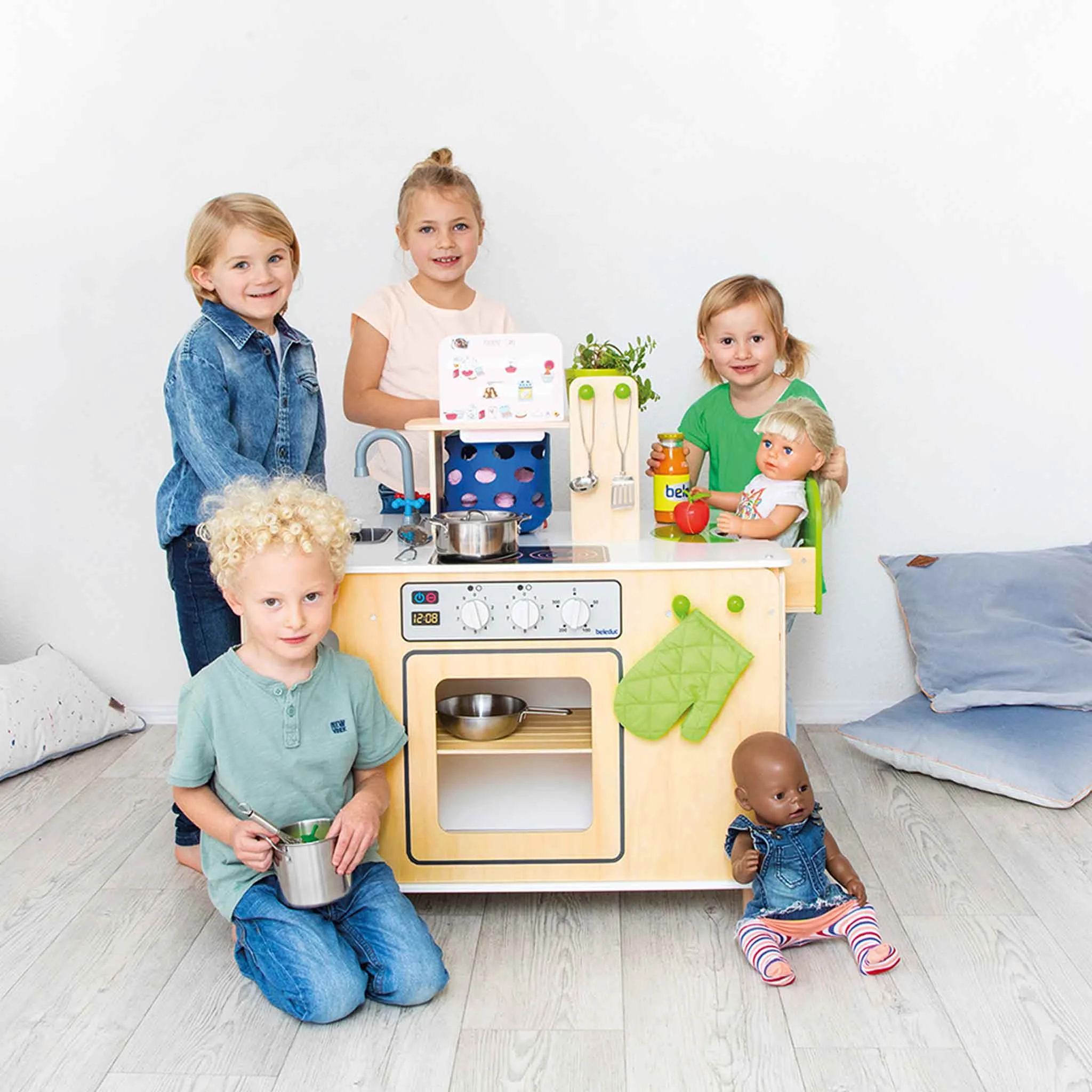 Holzspielküche, Kinderküche, Spielzeugküche, Kochutensilien, Babydolls
