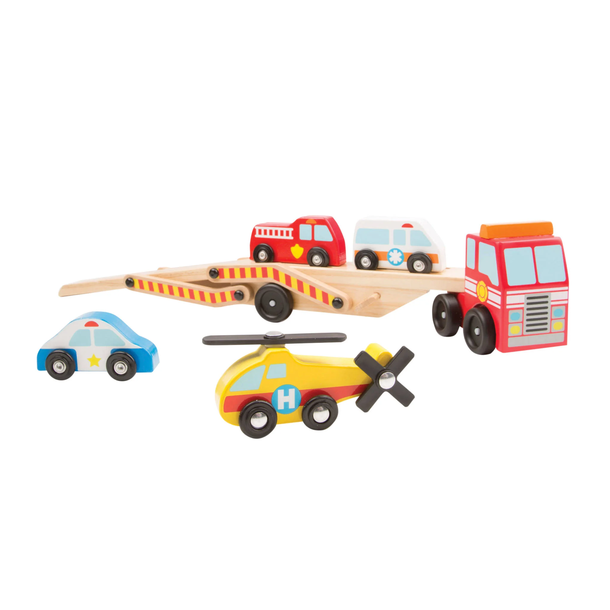 Holzspielzeug, Spielzeugfahrzeuge, Hubschrauber, Helikopter, Feuerwehrwagen