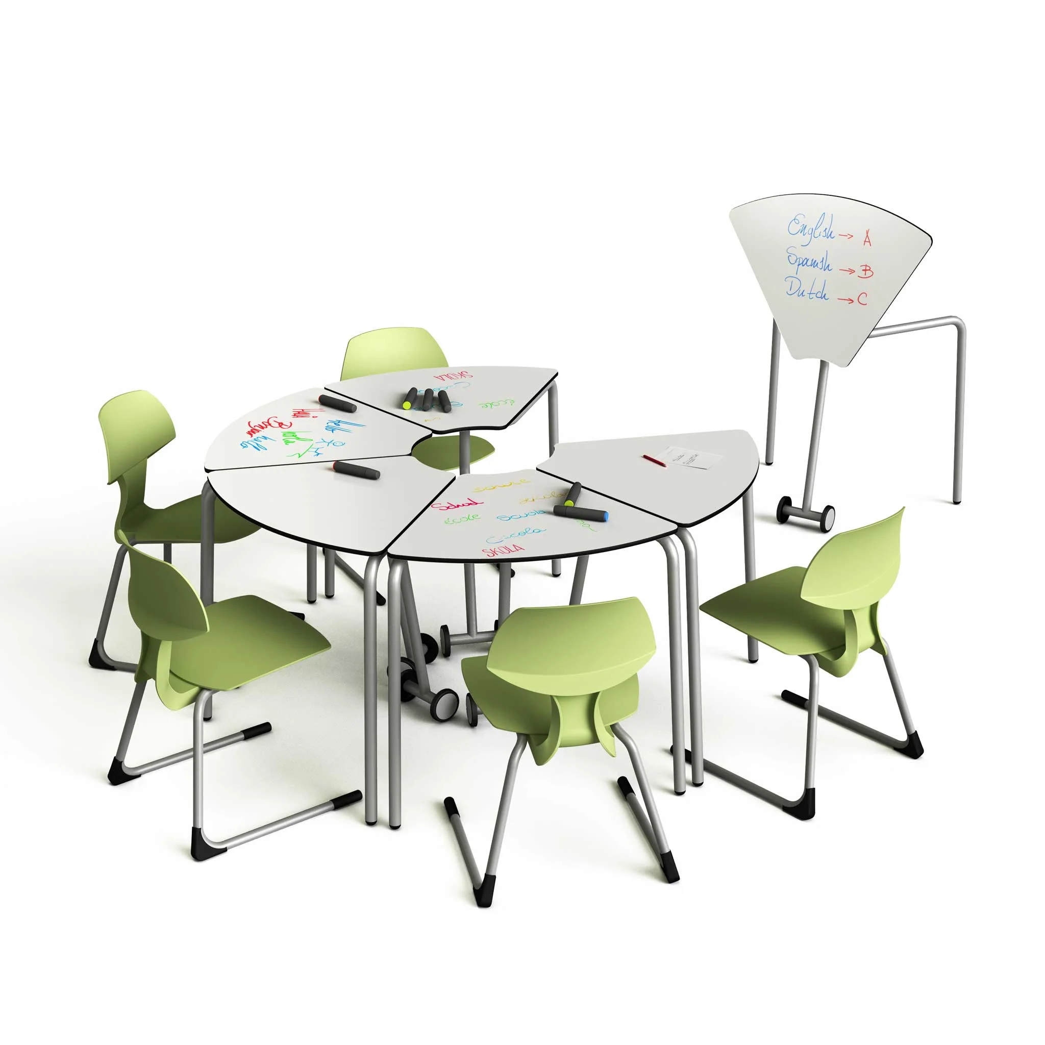 modular desk, group table, children chairs, green chairs, white table tops