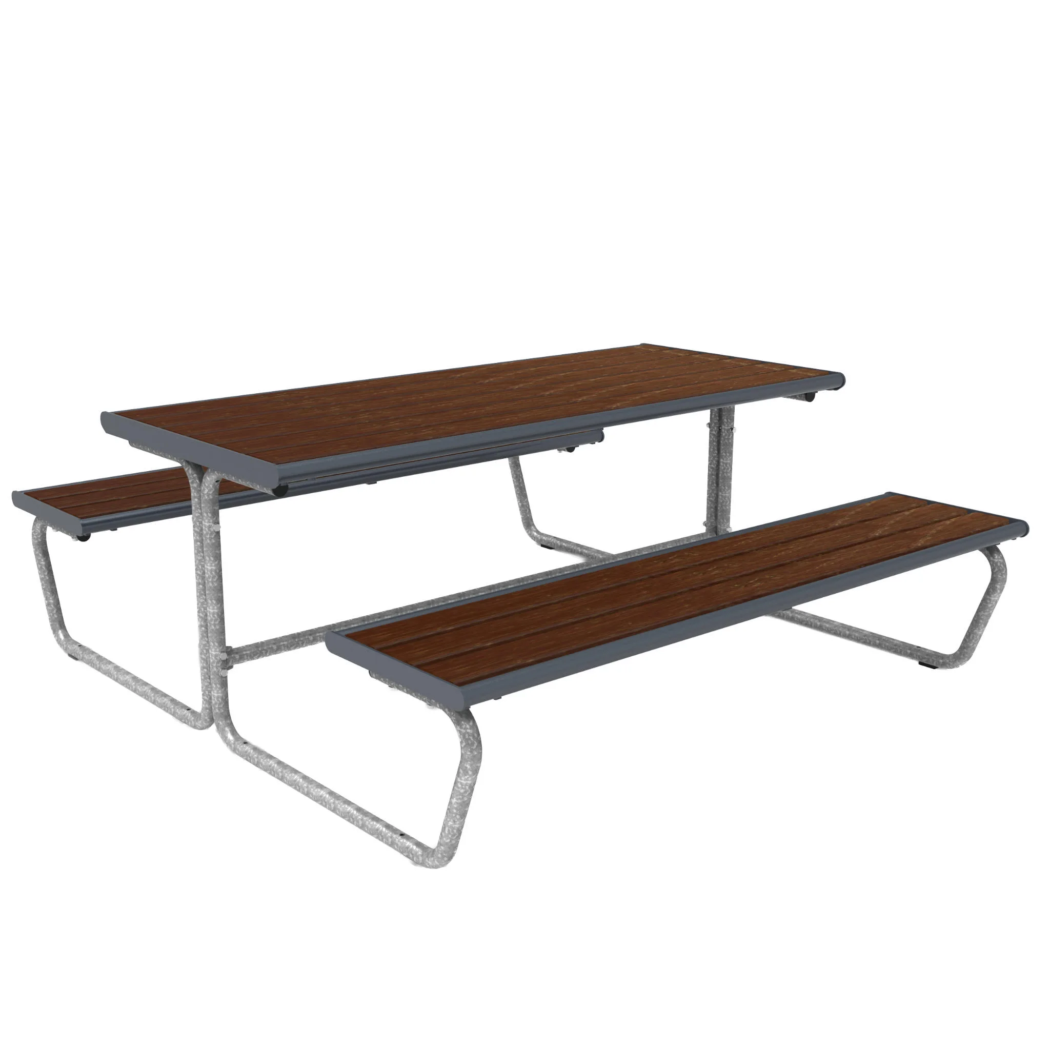tisch, Picknicktisch, Holzplanken, Stahlrahmen, Hockersystem