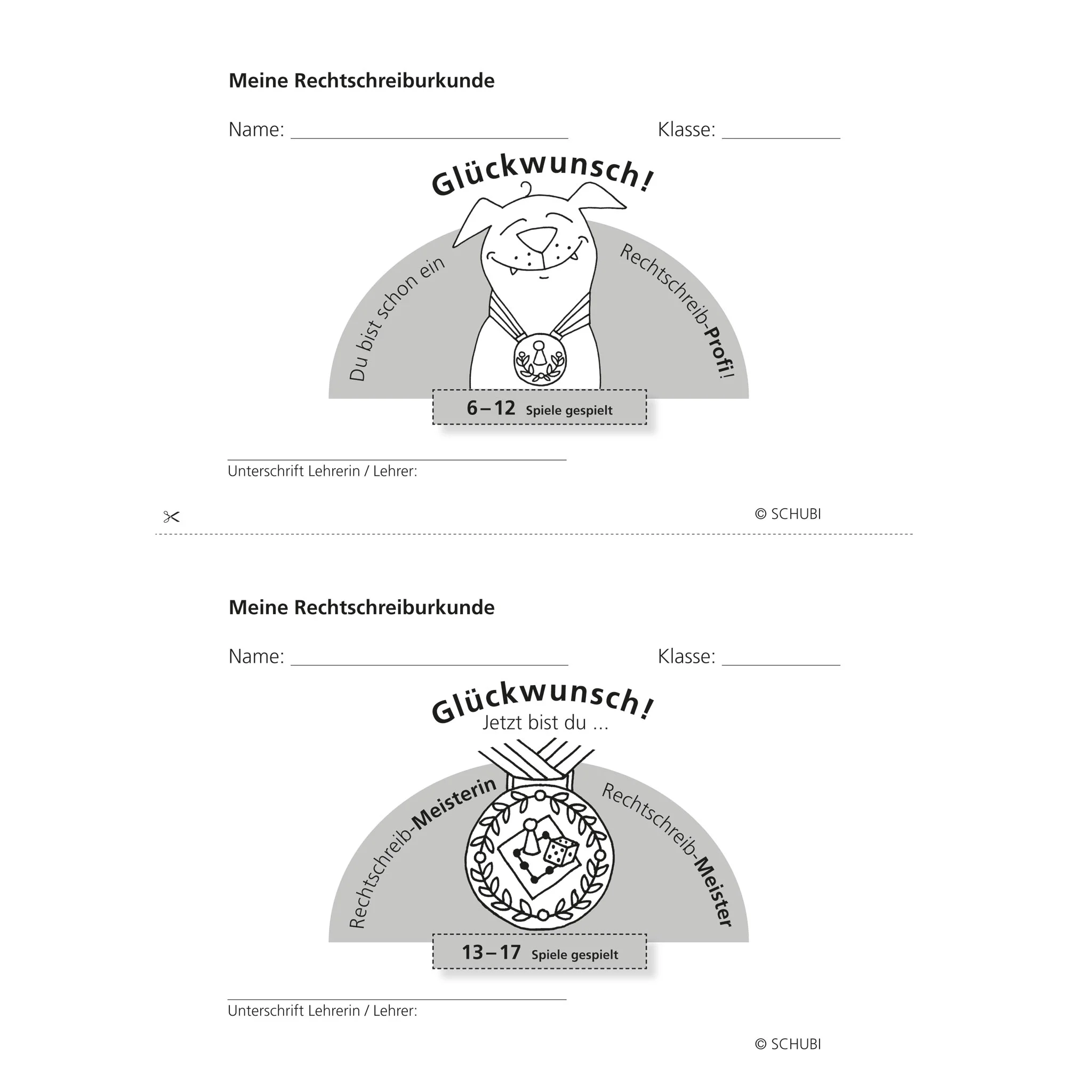 Schreiburkunde, Rechtschreibmeister, Schubi, Medaille, Spielerische Belobigung