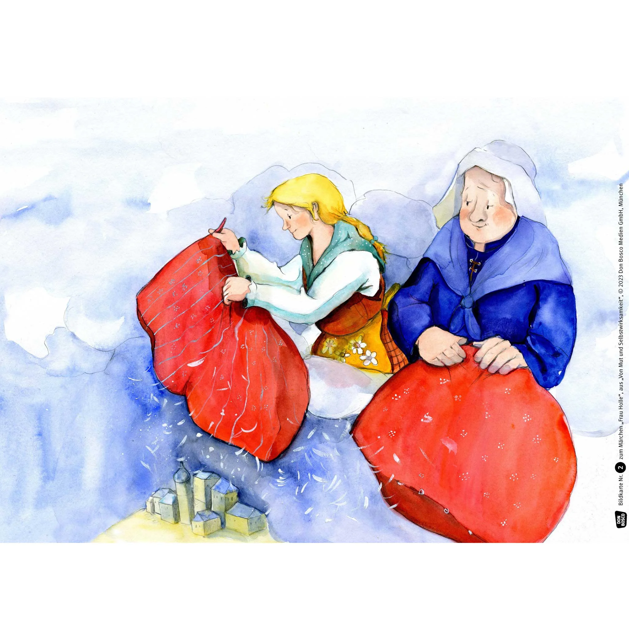 Handarbeit, roter Kissen, Nähen,  ältere Frau, blauer Schal