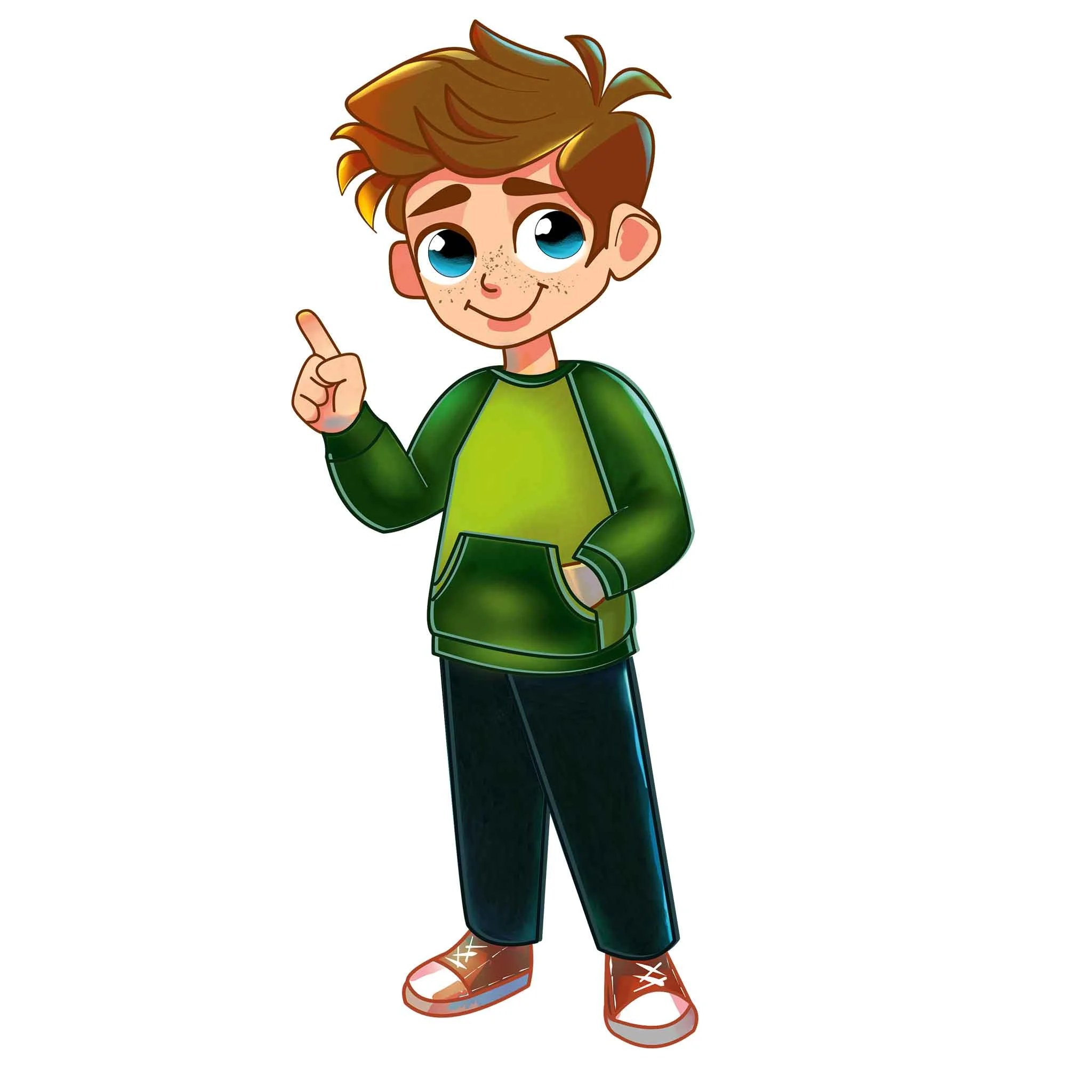 kind, Cartoon, Junge, grüner Hoodie, casual Jeans