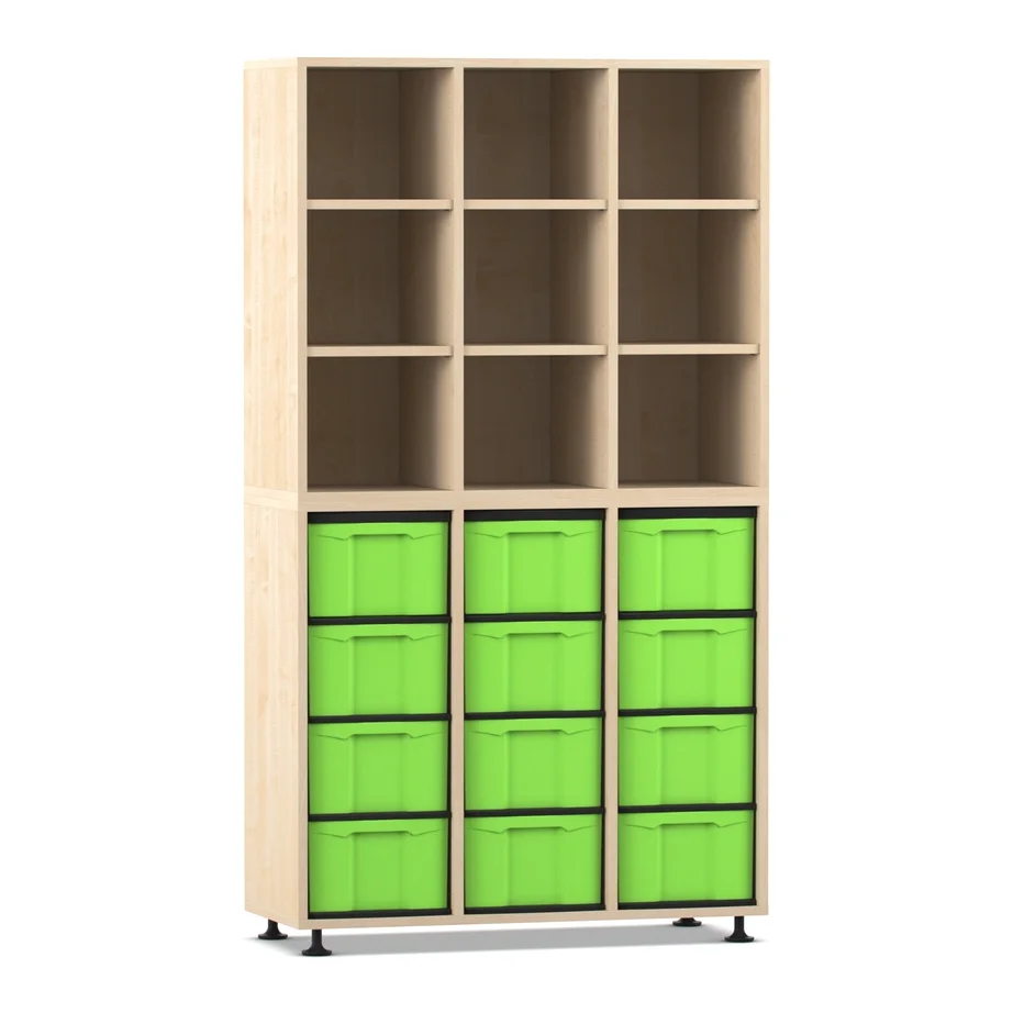 Aufbewahrungsschrank, modulare Regale, grüne Behälter, Holzrahmen, Mehrfachschubladensystem