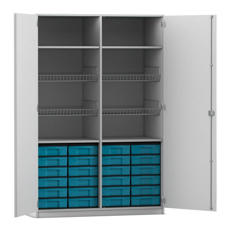 stahl-schrank, aufbewahrung, schrank, regale, blaue behälter