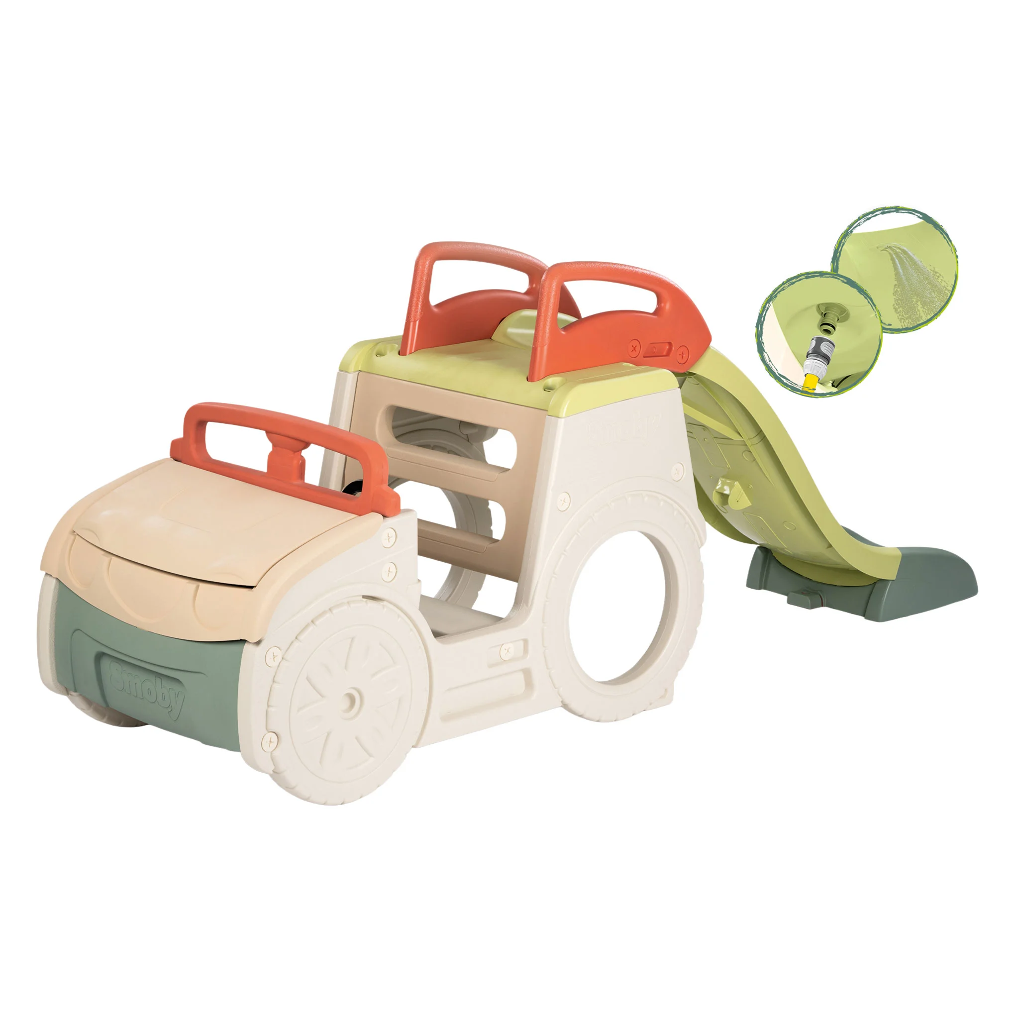Kinderwagen, Rutsche, Sandkasten, Spielzeugauto, Naturtöne