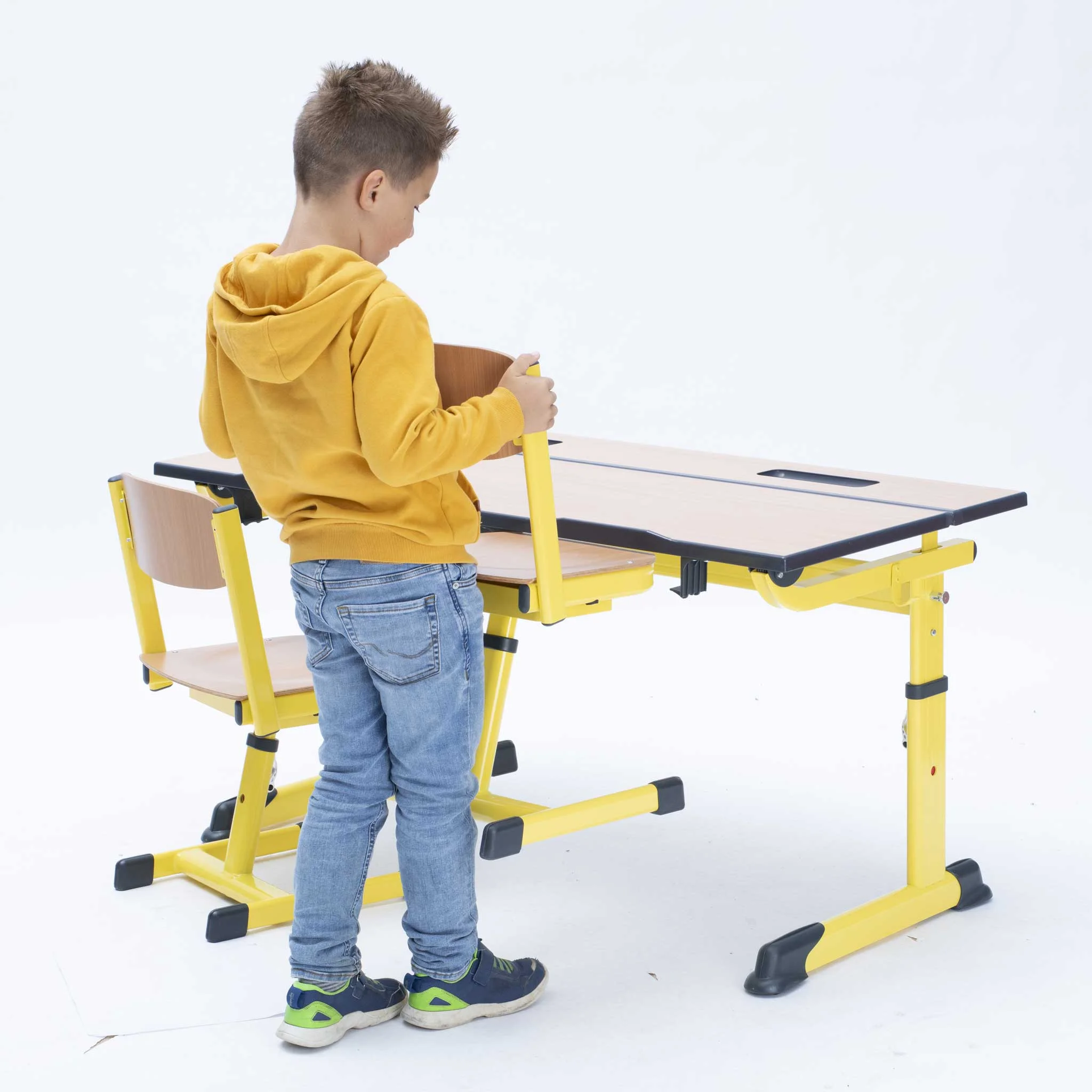 Schreibtisch, Schüler, Gelb, Holz, Klappstuhl