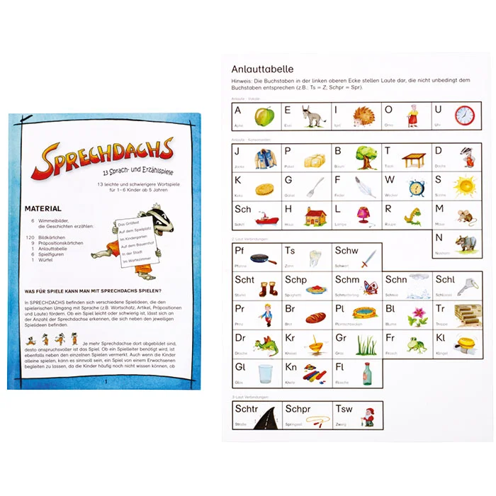Bildschirmbild, Sprachdachs, Anlautetabelle, Spielanleitung, Kinderbuch