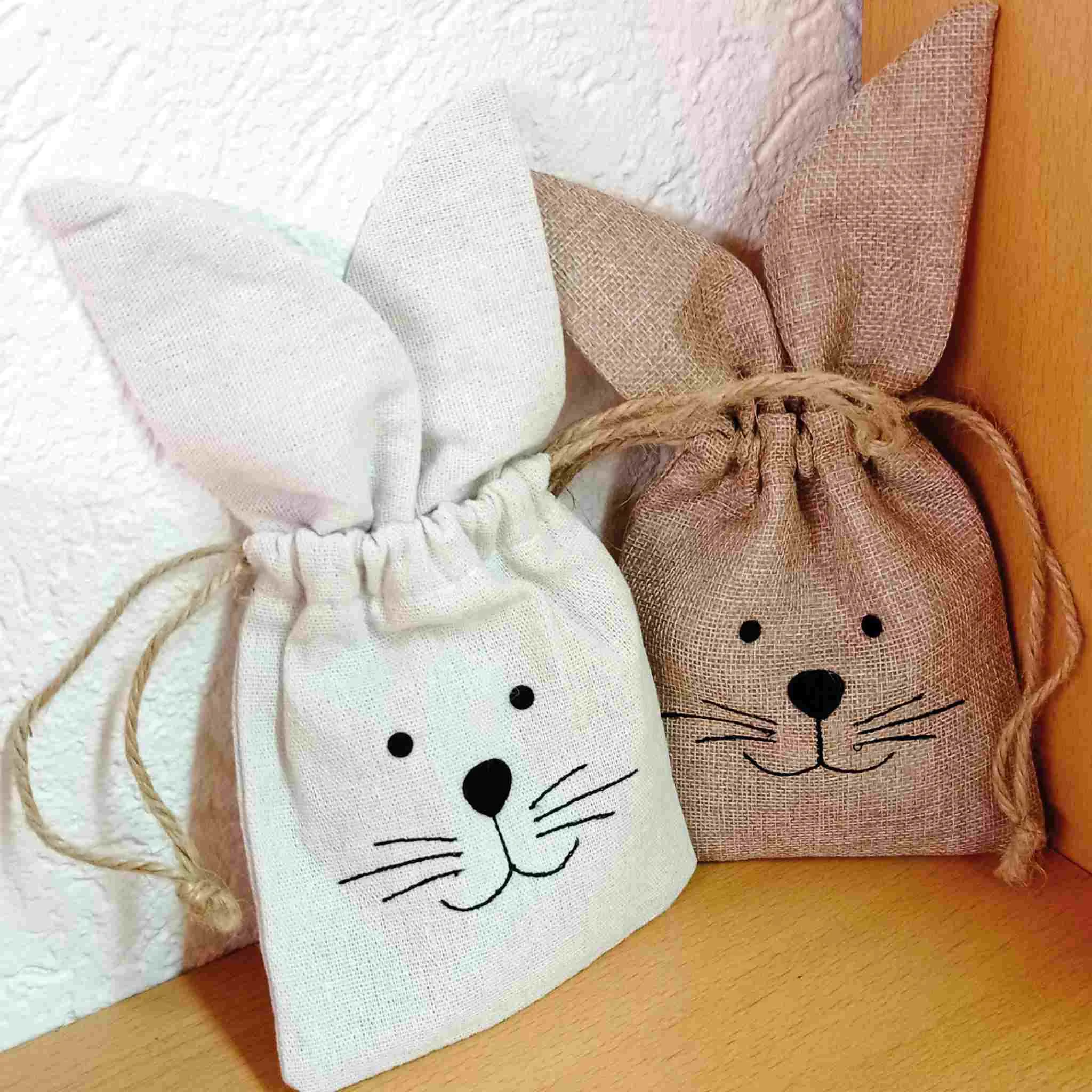 Schmuck-/Kuscheltier-Beutel, Hase, Stoffbeutel, Jutestoff, Knotten/Bindeband