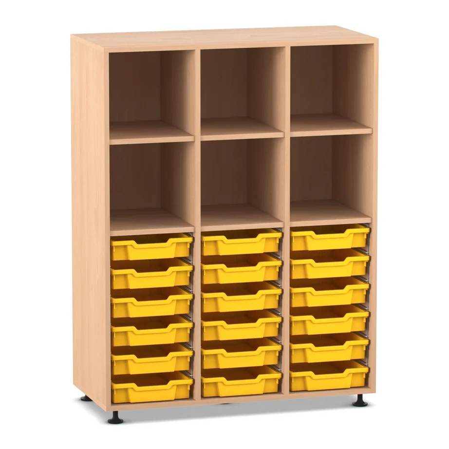 Mittelhohes Regal, 143,9 x 108,5 x 48 cm, mit 18 Boxen und 6 Fächern, Buche hell