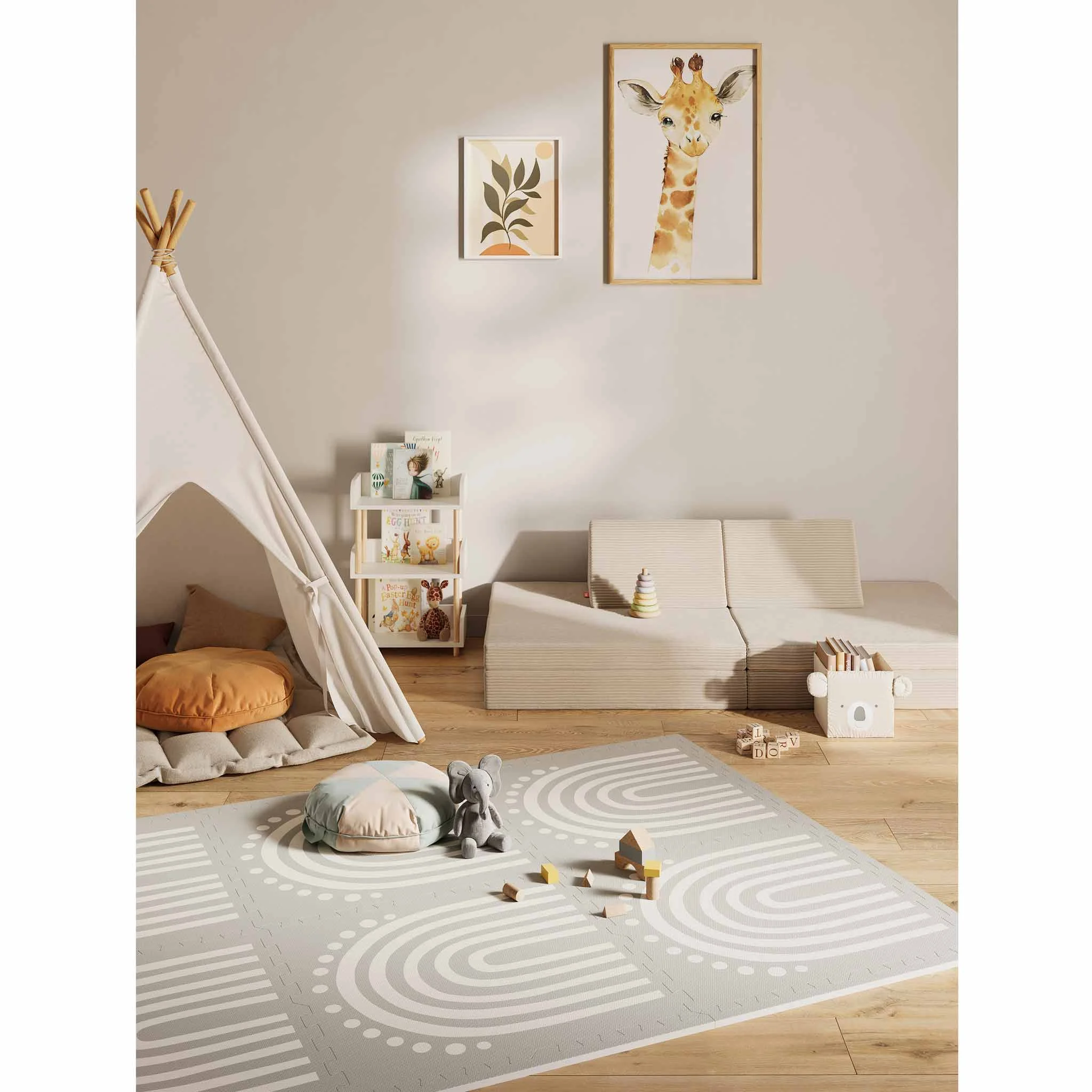 Kinderzimmer, Spielteppich, Giraffenbild, Tentenspiel, Holzspielzeug