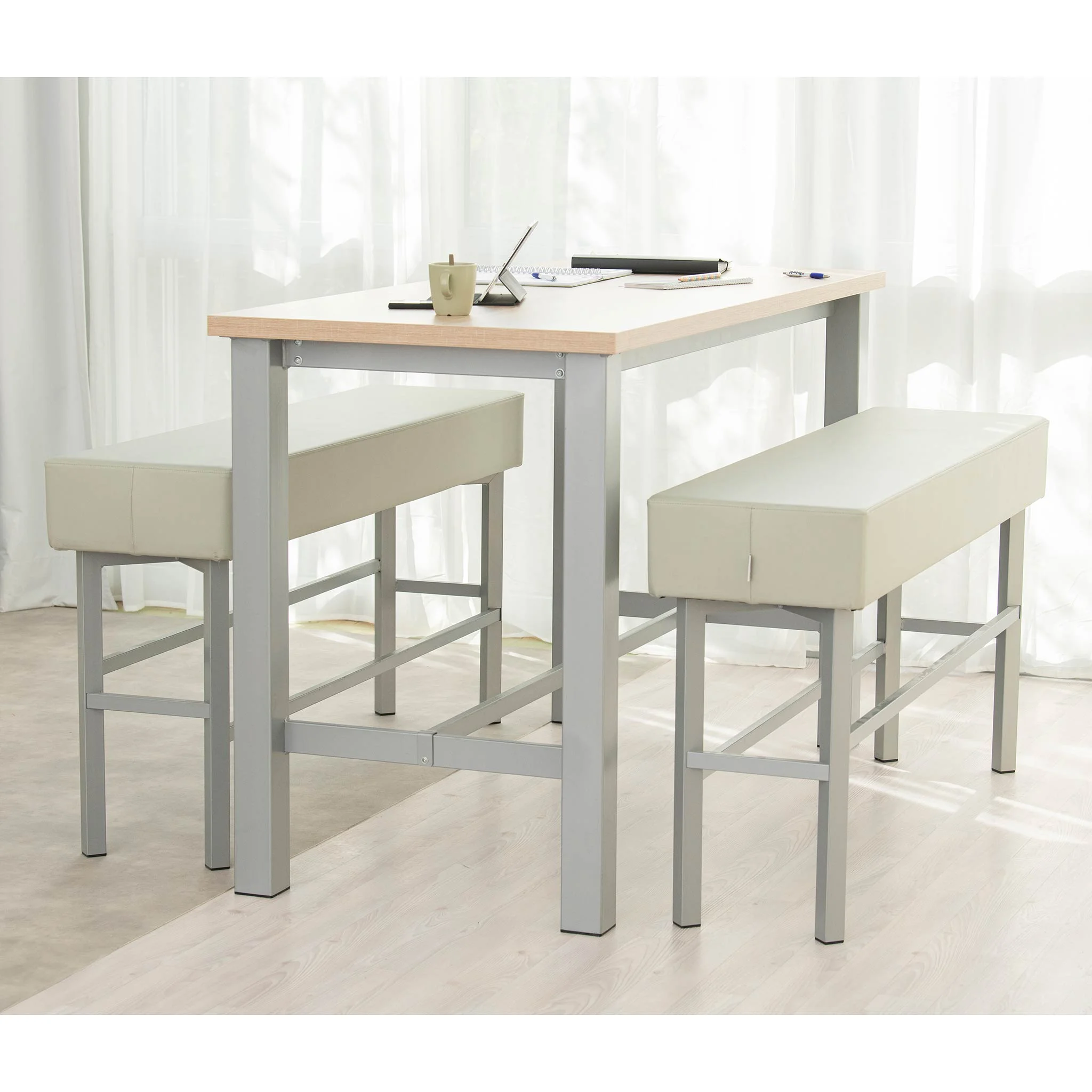 Esstisch-Set, Tischplatte, Metallgestell, Stuhlkissen, Grau