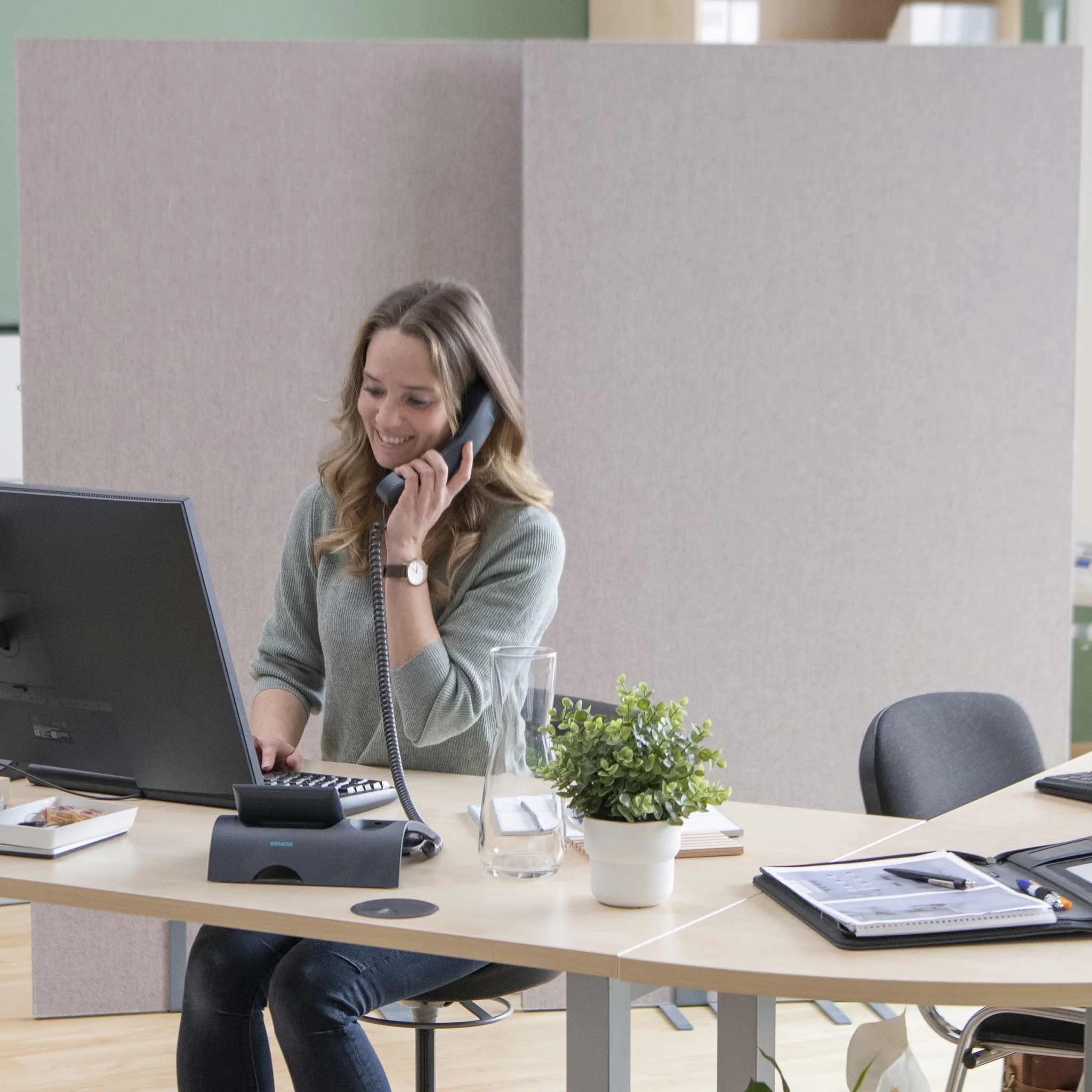 Schreibtisch, Büro-Setup, Telefonhörer, Laptop, Pflanze