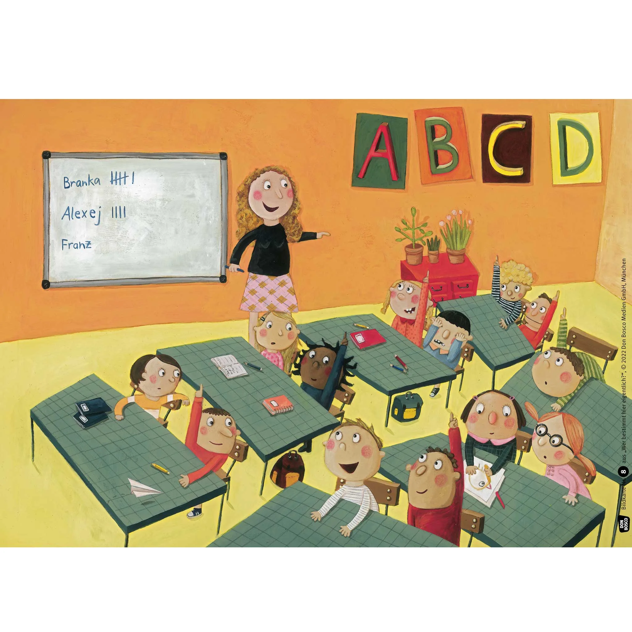 klassenzimmer, schüler, lehrerin, alphabet, schreibtische