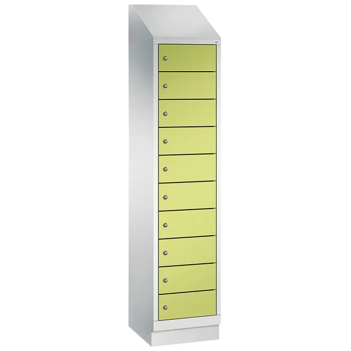 Schließfachschrank, Schubladen, Metall, Hochschrank, grüne Fronten