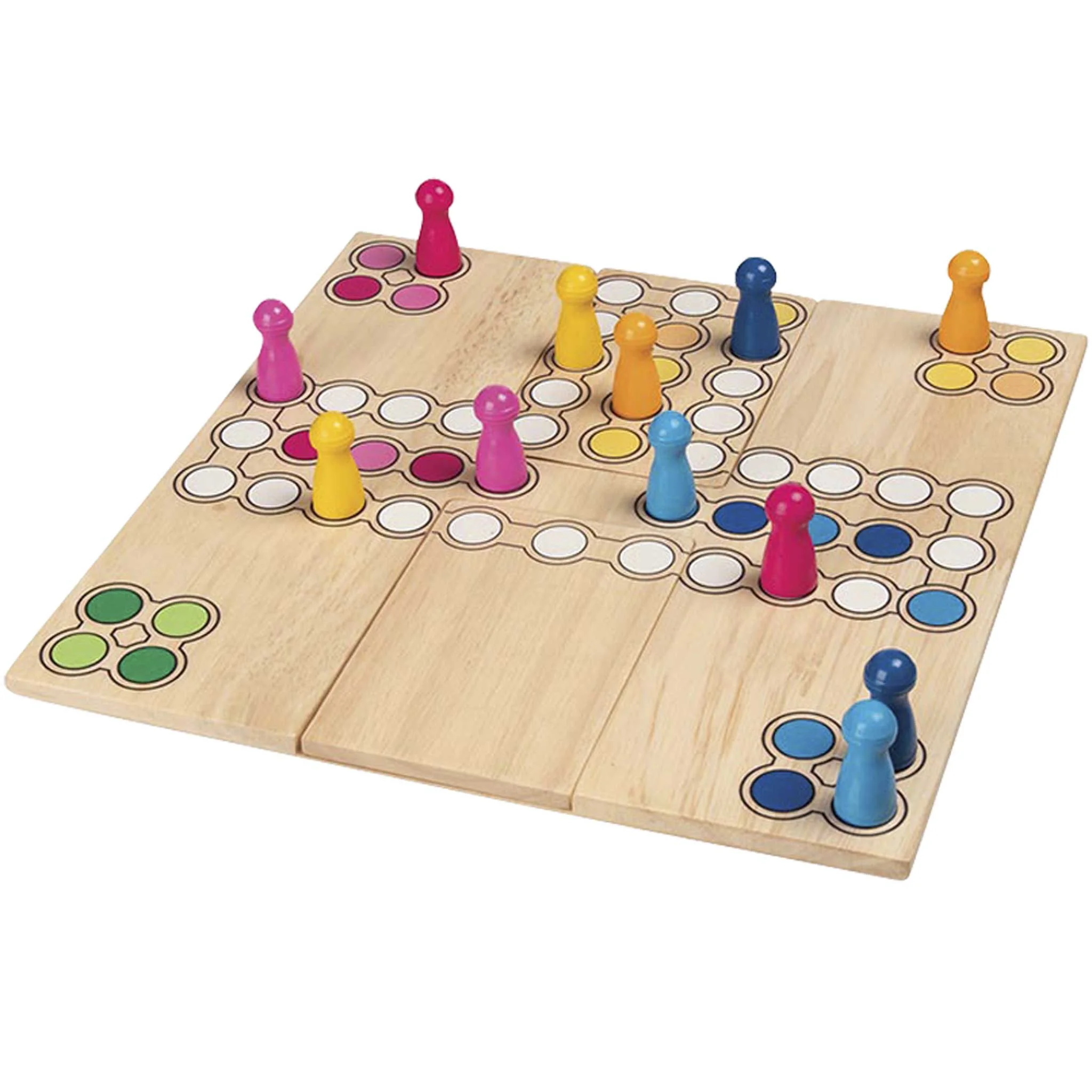 Brettspiel, Holzbrett, bunte Spielfiguren, Ludo-ähnlich, verbundene Bretter