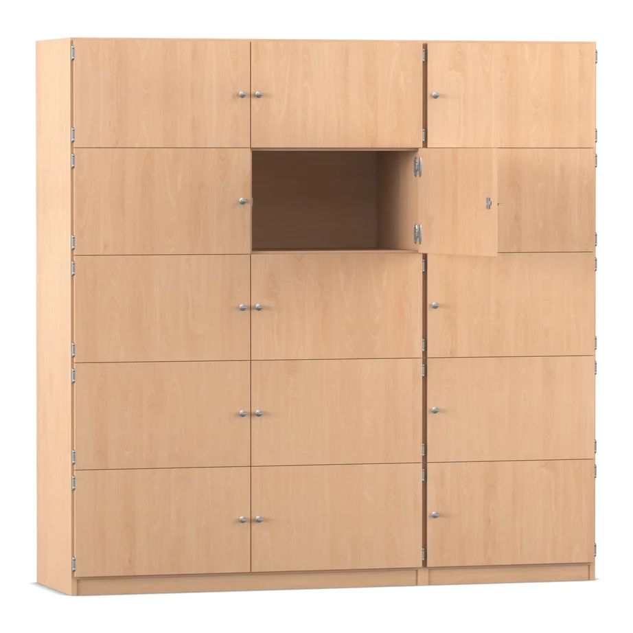 Schließfachschrank, 190,5 cm breit, mit 15 Fächern, Buche hell