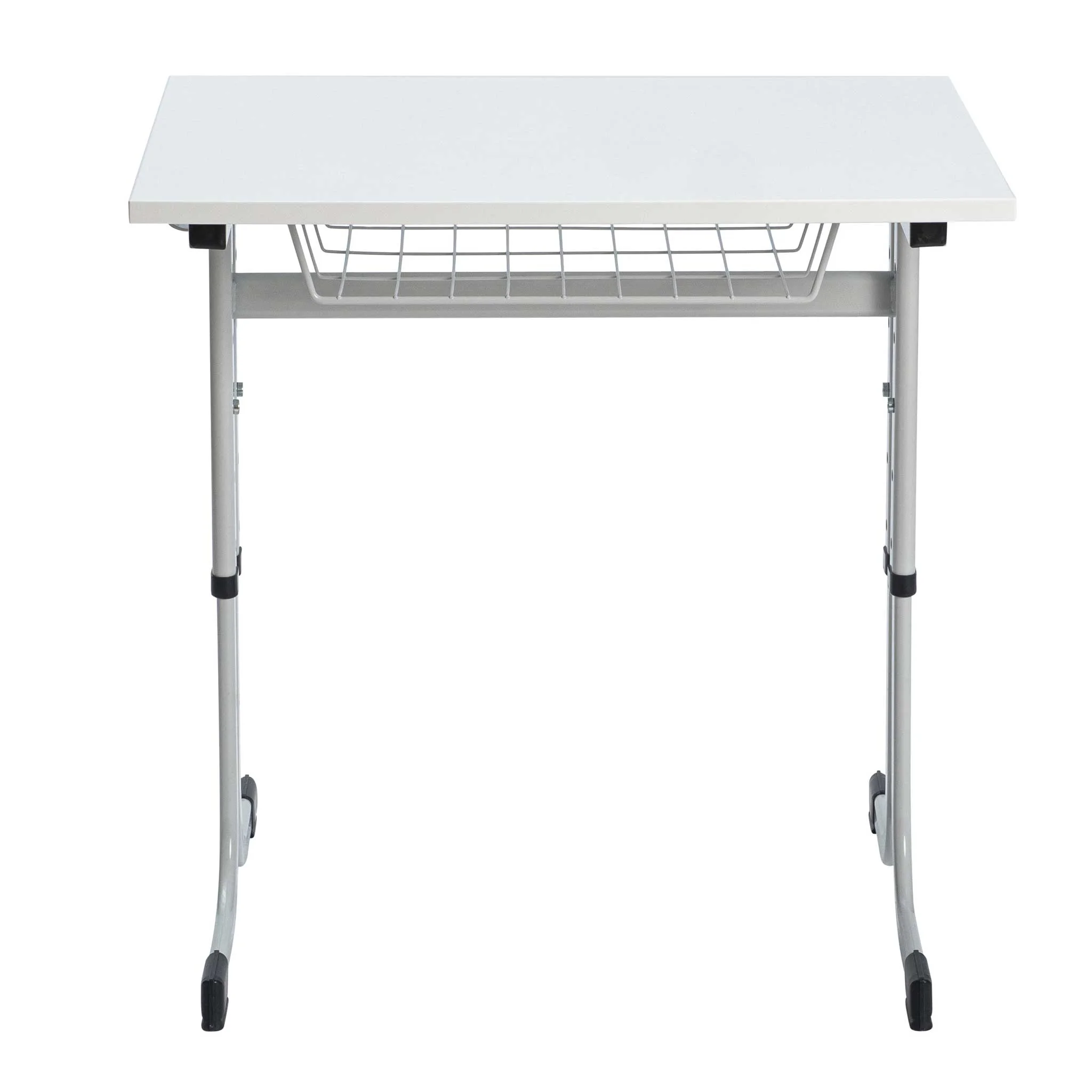 meidetisch, klapptisch, weiße oberfläche, metallbeine, korbablage