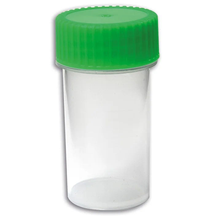 leeres Fläschchen, Probenröhrchen, Plastikbehälter, grüner Deckel, Reagenzflasche