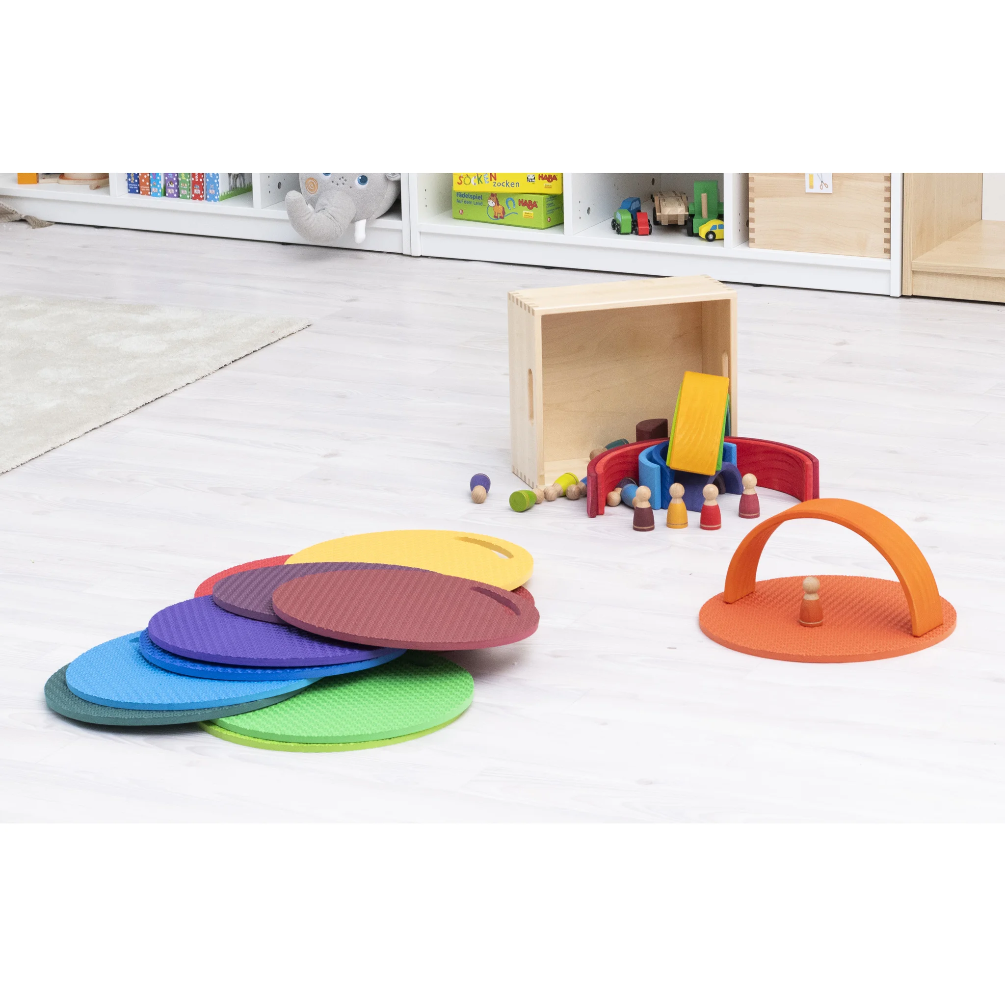 Korkenscheibe, Farbstarke Kreise, Kinder Spielmatte, Holzkiste, Spielzeugset
