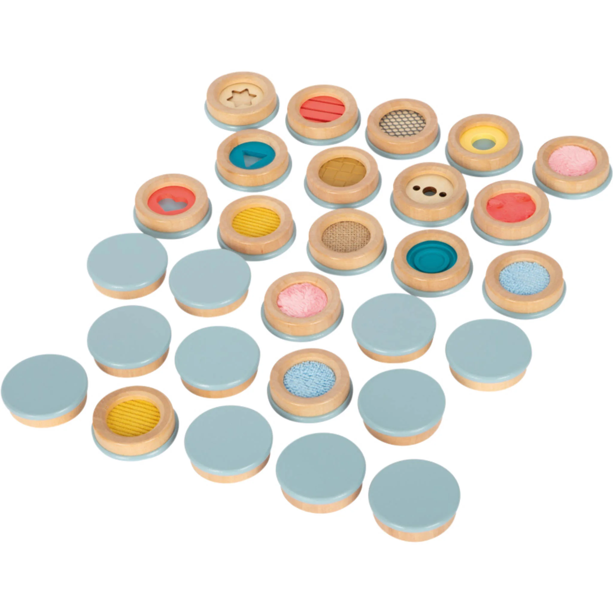 Fühlmemory, Holzspielzeug, taktile Plättchen, verschiedene Oberflächen, Pastellfarben