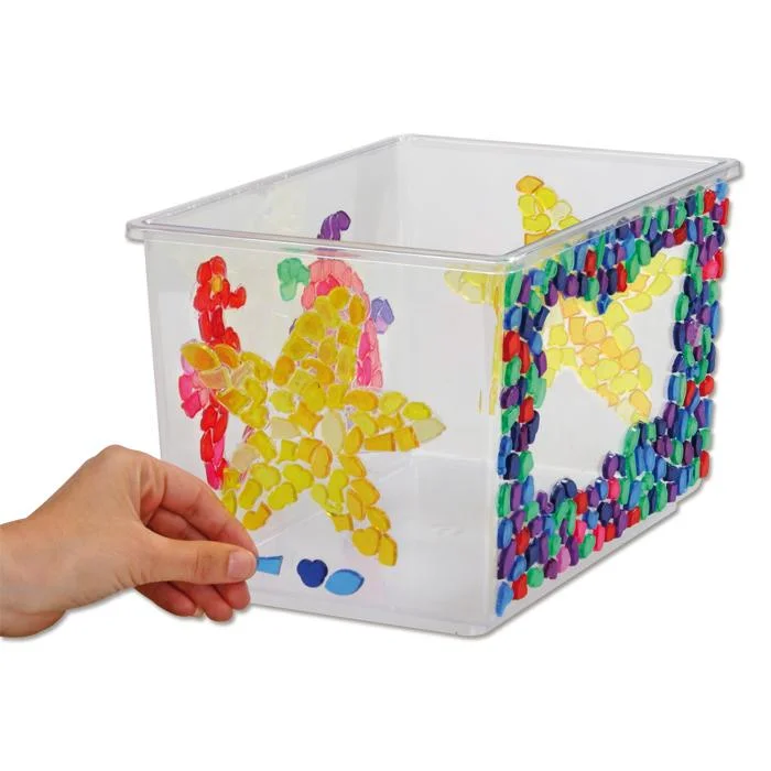 Kunststoffbehälter, Mosaik, bunte Plastiksteine, Kinderbauset, Transparentes Behältnis