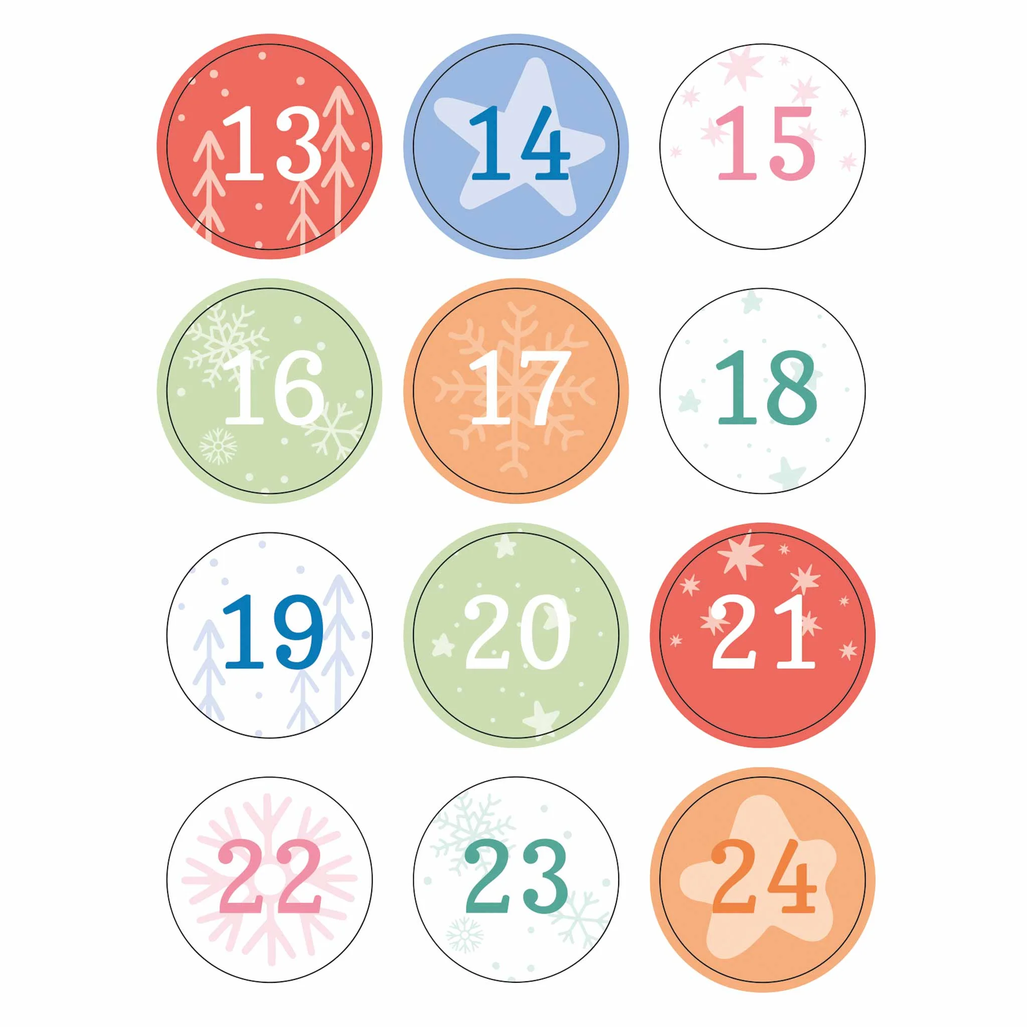 Adventskalender, runde Aufkleber, Zahlen 13-24, Wintermuster, bunte Kreise