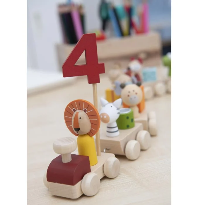 Holzspielzeug, Kinderzug, Spielzeugfiguren, Zug mit Figur, 4 Zahlen