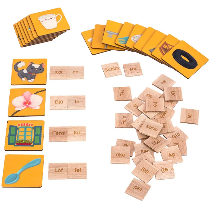 Lernkarten, Bunte Karten, Tierbild, Holzbuchstaben, Wortbausteine
