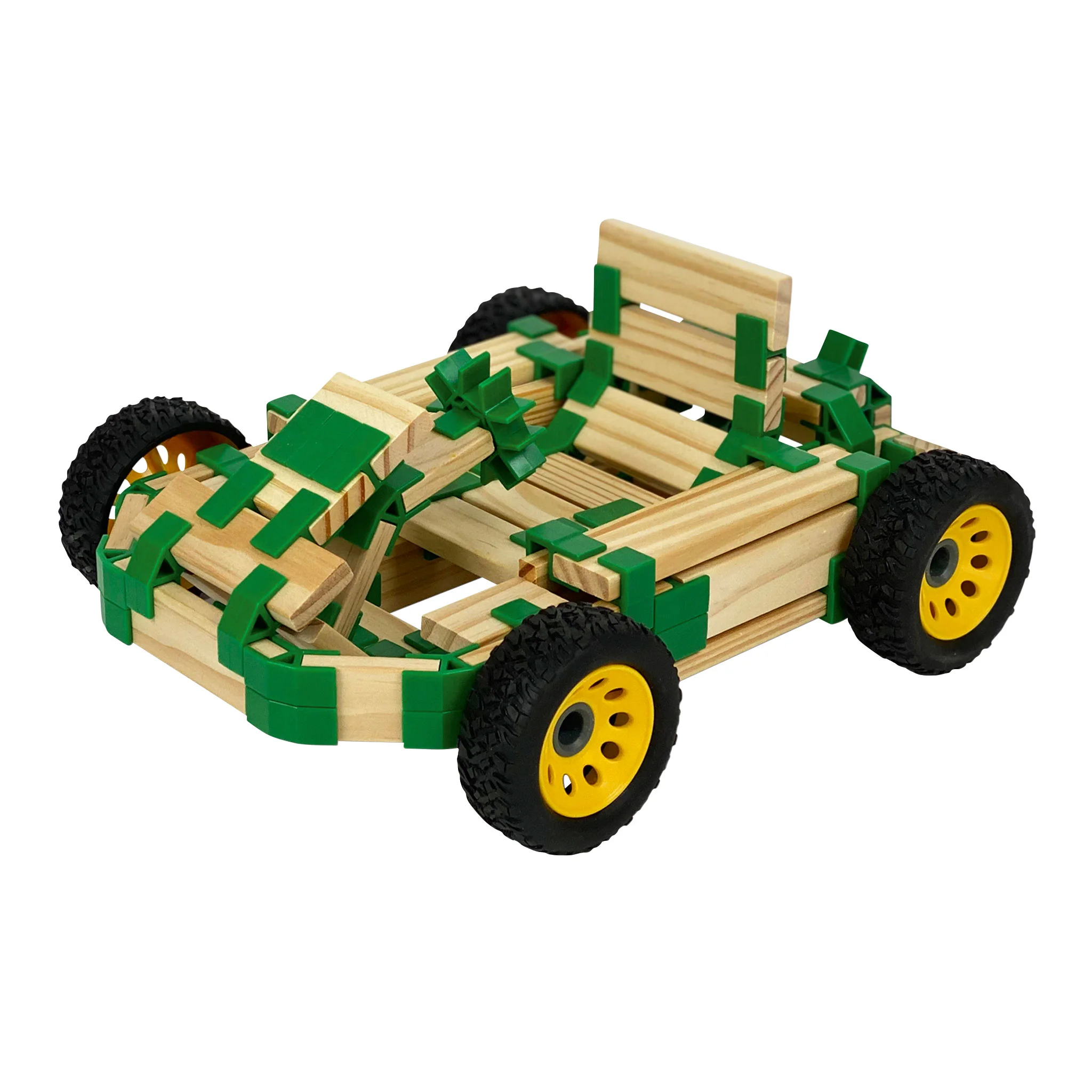 Holzbausatz, Sandkastenauto, Holzklötze, grüne Bauteile, Gelbe Felgen