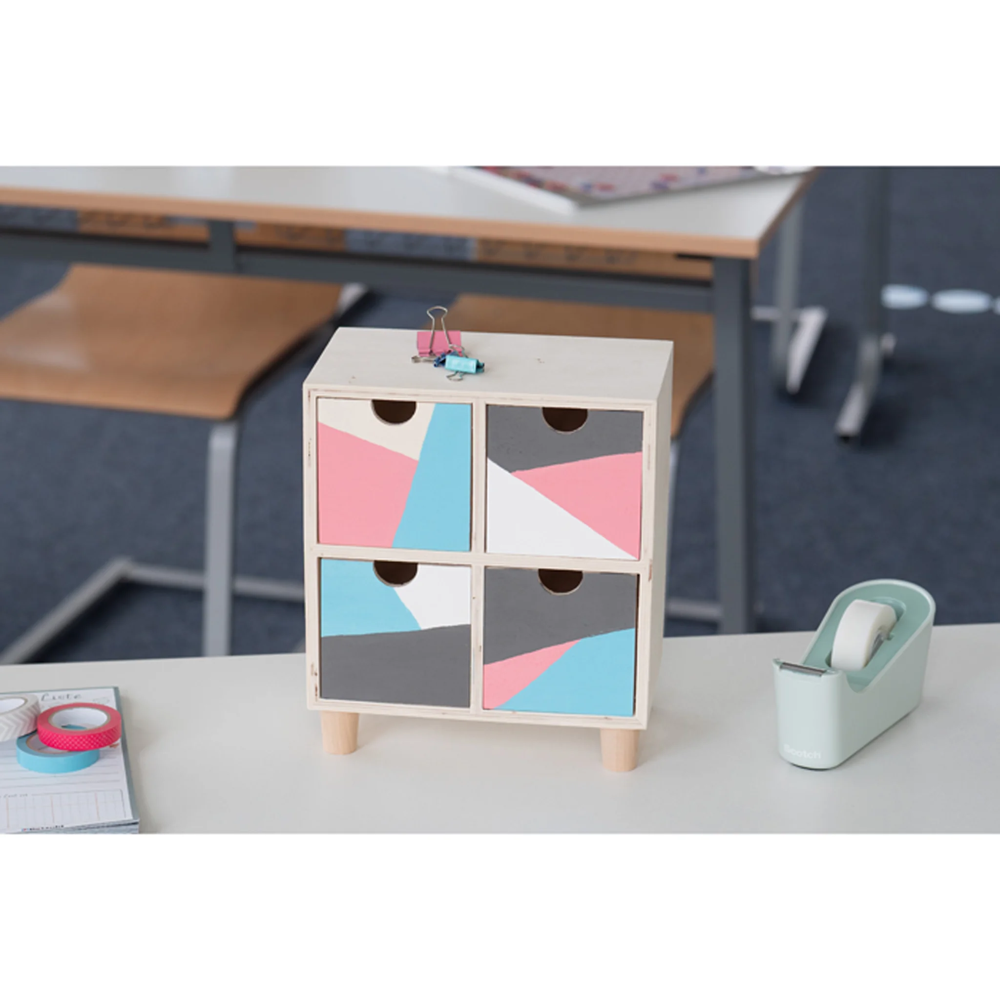 Mini-Schrank, Aufbewahrungsbox, bunte Schubladen, Holzmöbel, geometrisches Muster