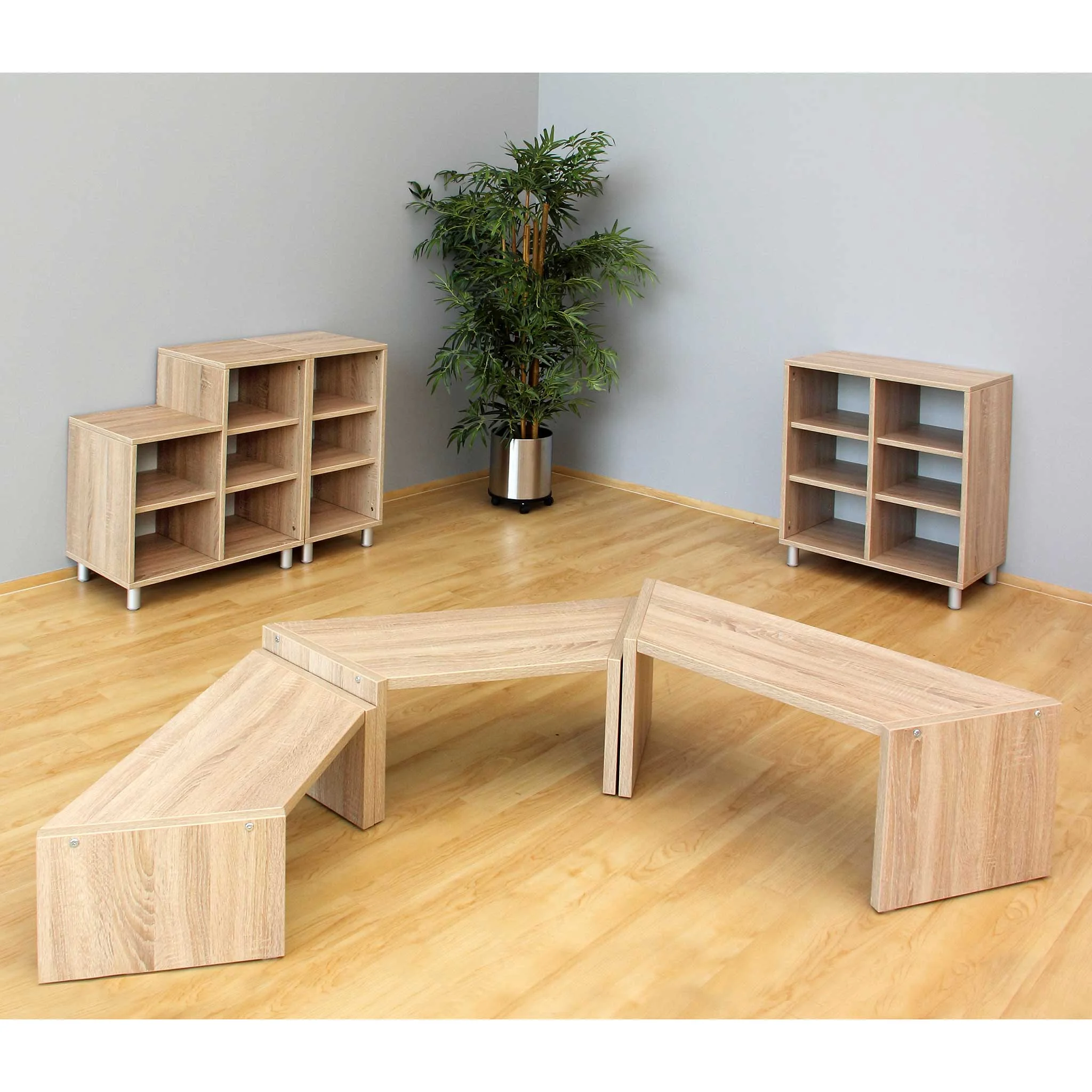 Holzregal, Schienentisch, Sitzmöbel, Modulmöbel, Kaminholzregal